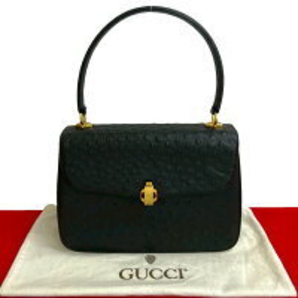 GUCCI GG logo ostrich leather handbag black bag